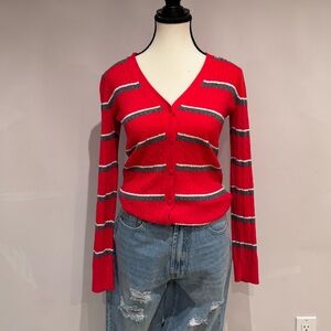 Tommy Hilfiger Red and Gray Striped Long SleeveCardigan sizeXS 100% Pima Cotton